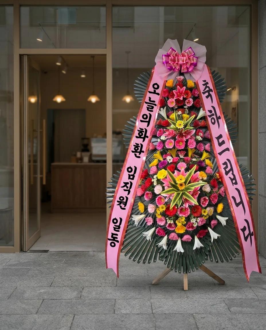 개업식 로비에 놓인 축하 3단화환