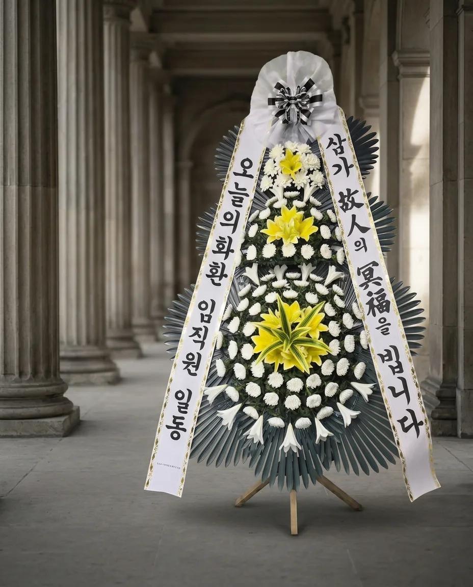 이른 아침 빈소 복도에 놓인 근조 3단화환
