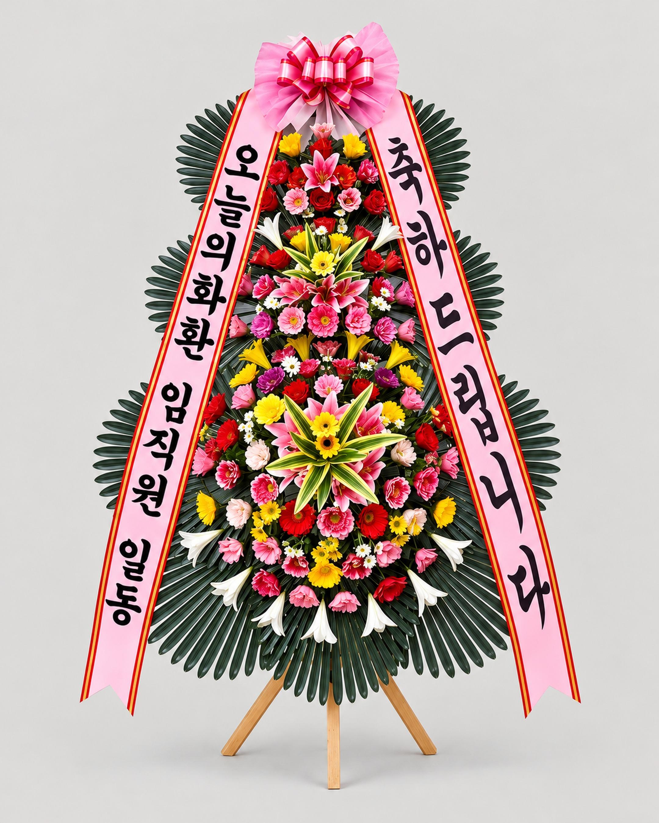축하 3단화환 실속 — 개업·승진·결혼 축하 3단 구성, 무료배송, 리본 문구 무료