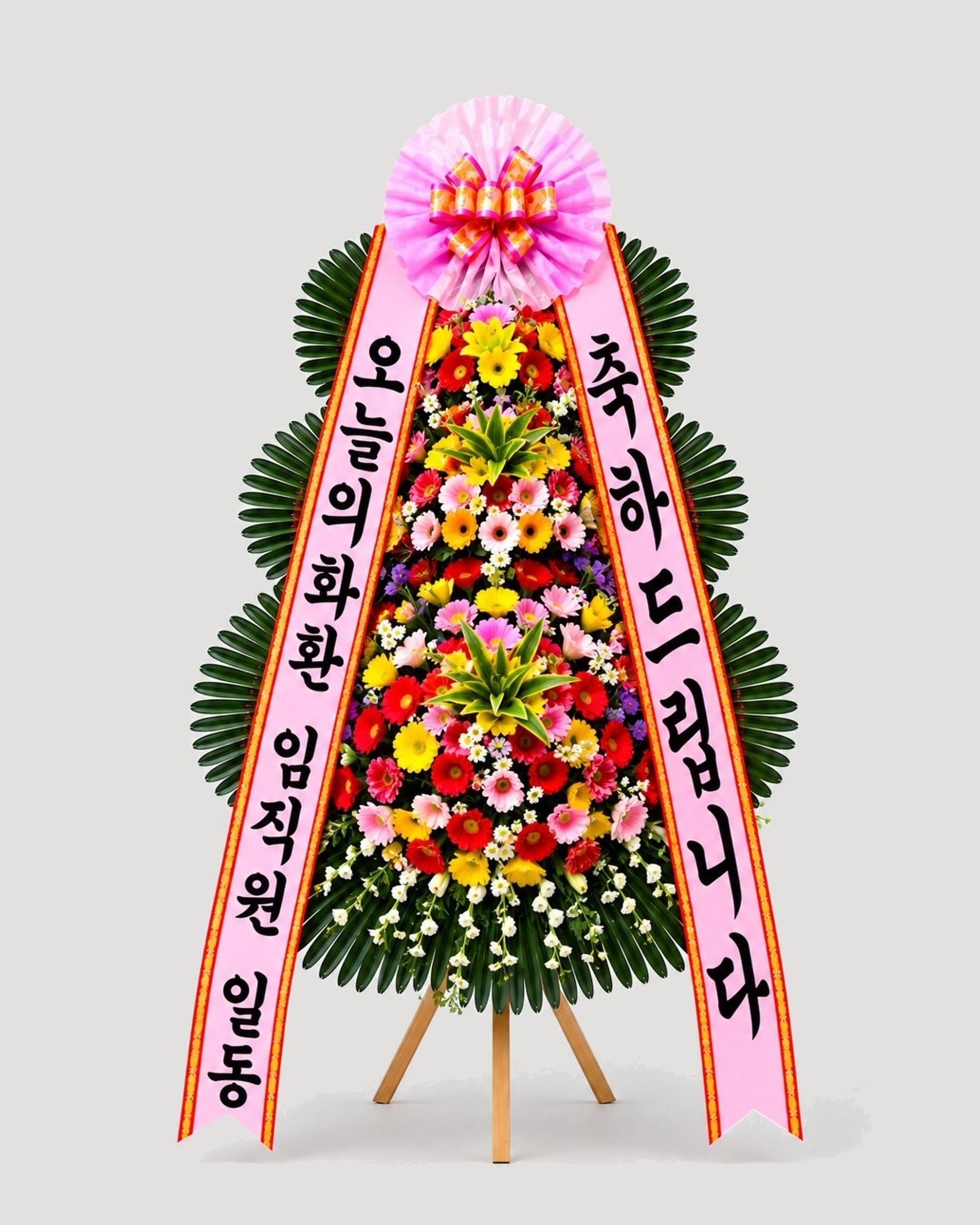 축하 3단화환 고급 — 꽃을 촘촘히 채운 3단 구성, 무료배송, 리본 문구 무료