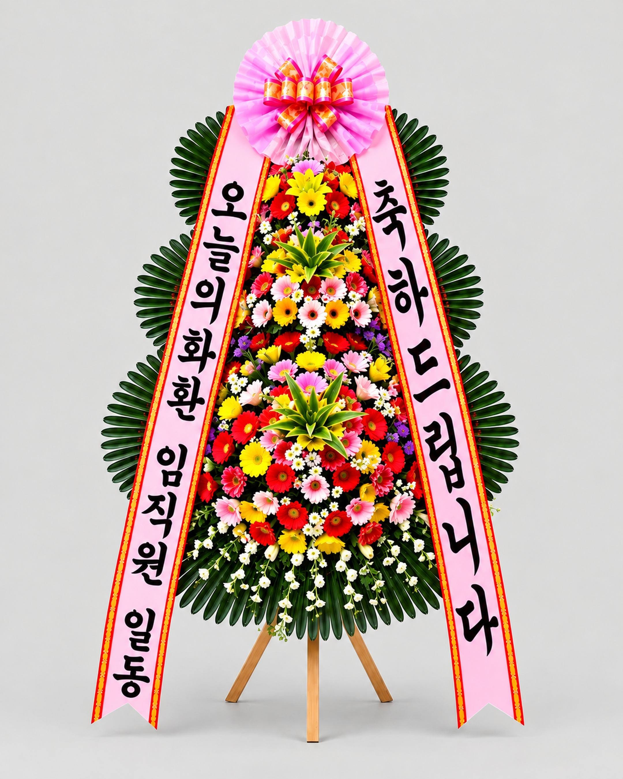 축하 3단화환 고급 — 꽃을 촘촘히 채운 3단 구성, 무료배송, 리본 문구 무료