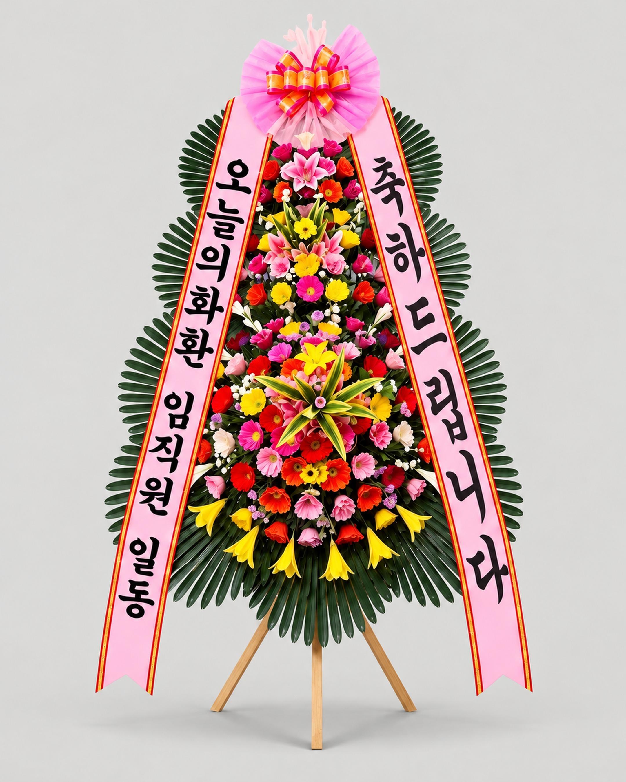 축하 3단화환 기본 — 꽃을 더 채운 3단 구성, 무료배송, 리본 문구 무료
