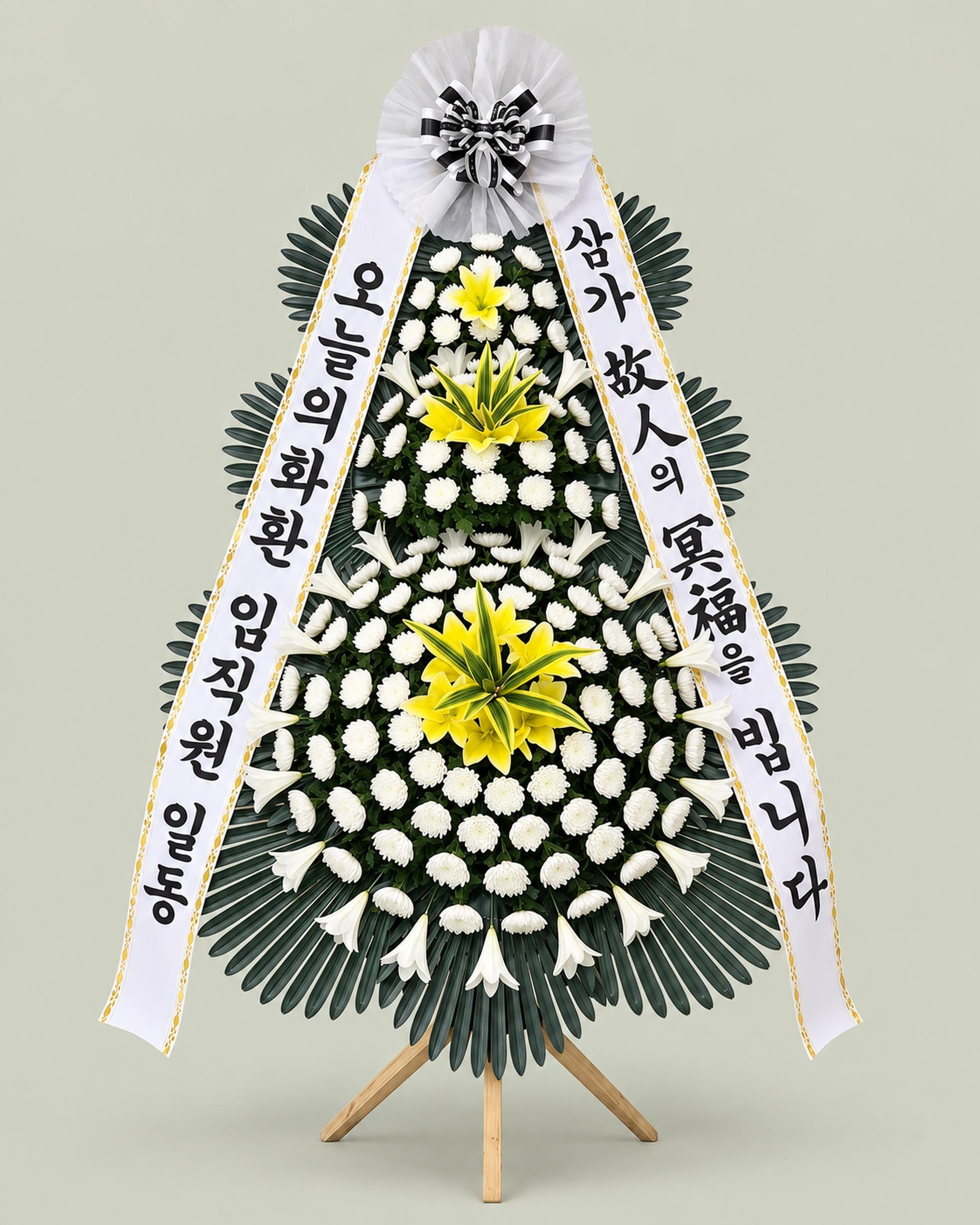 근조 3단화환 고급 — 국화를 촘촘히 채운 3단 구성, 무료배송, 리본 문구 무료