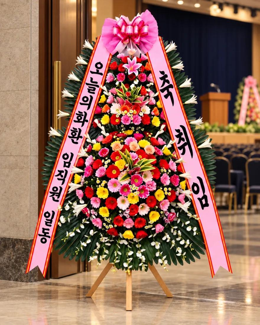 취임식 행사장 입구에 놓인 축하 3단화환
