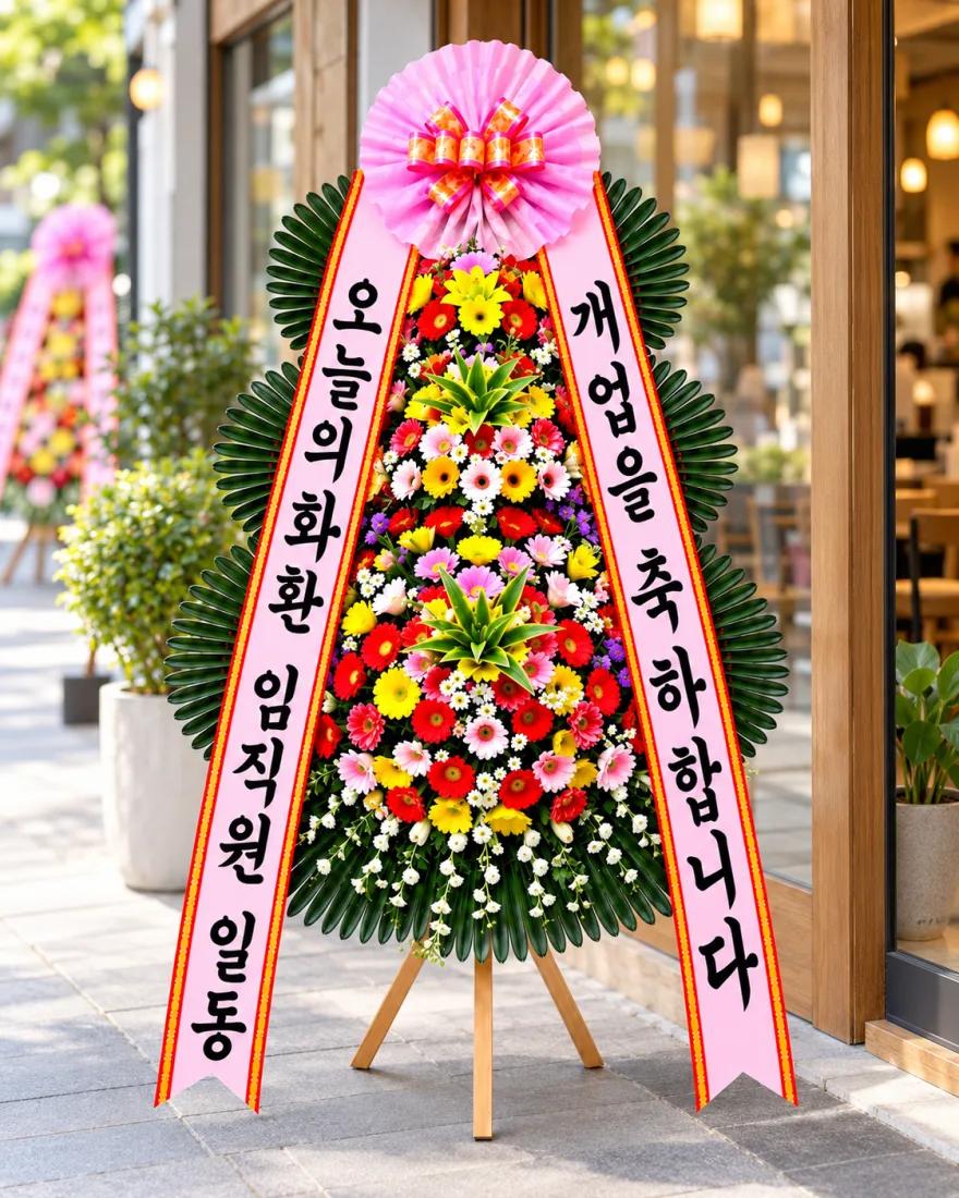 새로 문을 연 매장 입구 옆에 놓인 개업 축하 3단화환