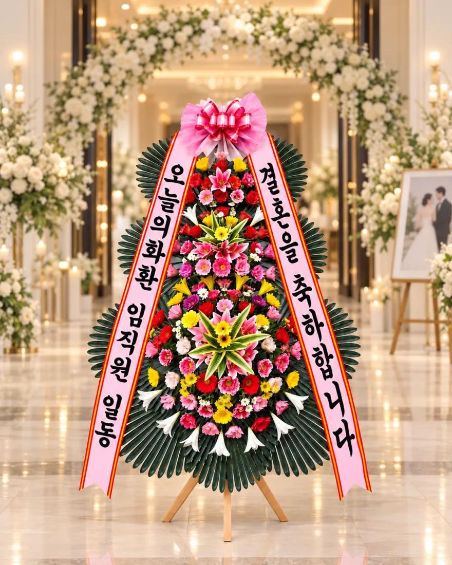 예식장 로비 입구에 놓인 결혼식 축하 3단화환