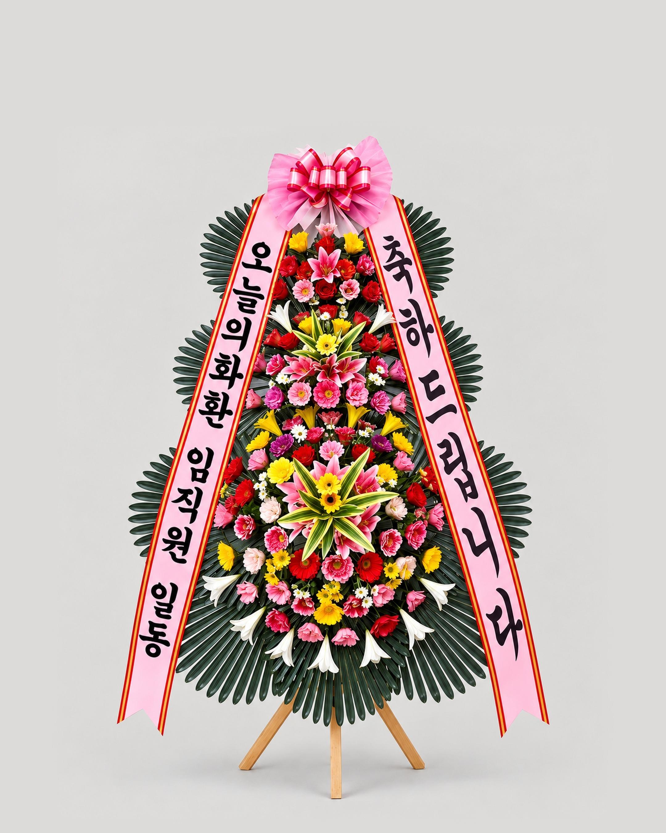 축하 3단화환 실속 — 개업·승진·결혼 축하 3단 구성, 무료배송, 리본 문구 무료