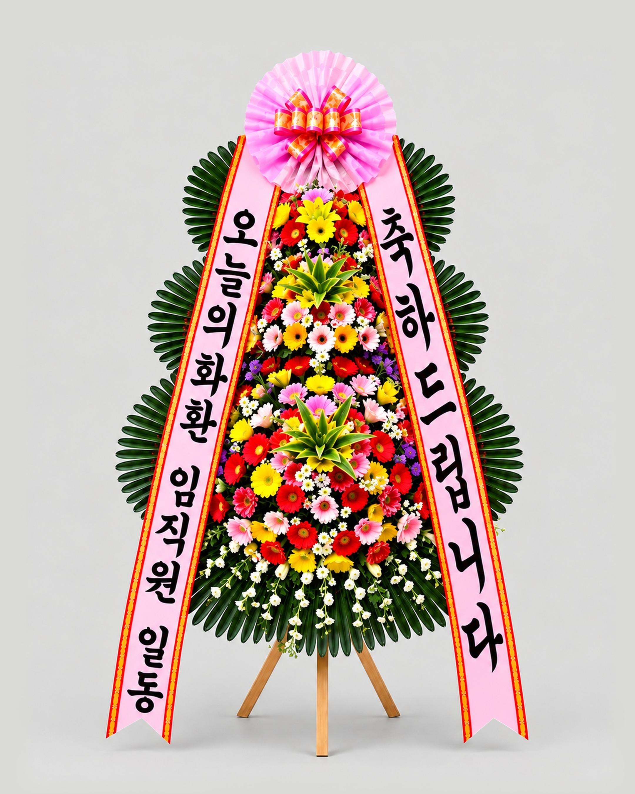 축하 3단화환 고급 — 꽃을 촘촘히 채운 3단 구성, 무료배송, 리본 문구 무료