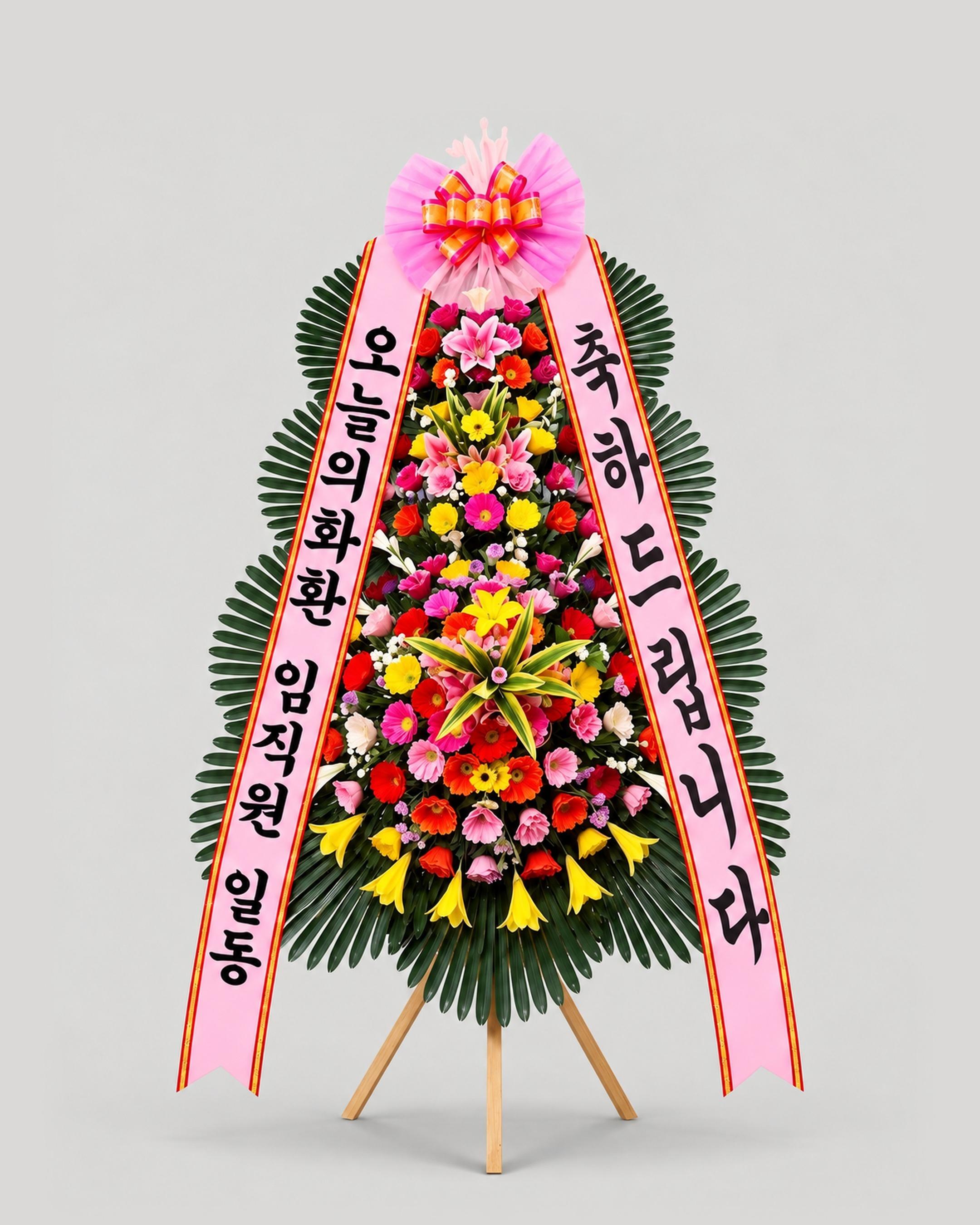 축하 3단화환 기본 — 꽃을 더 채운 3단 구성, 무료배송, 리본 문구 무료