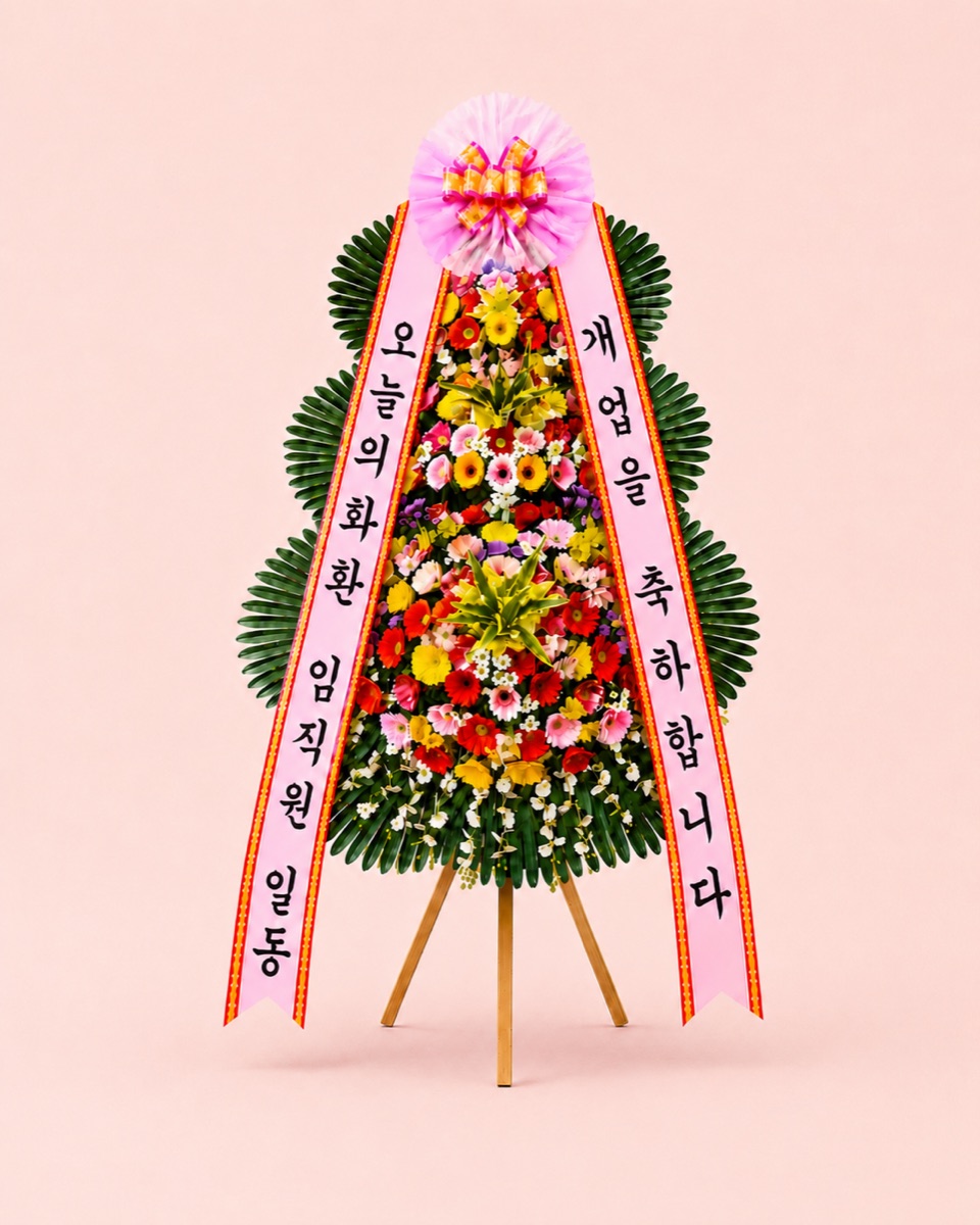 축하 3단 화환 풍성 — 꽃송이를 풍성하게 올린 고급 구성, 리본 문구 무료