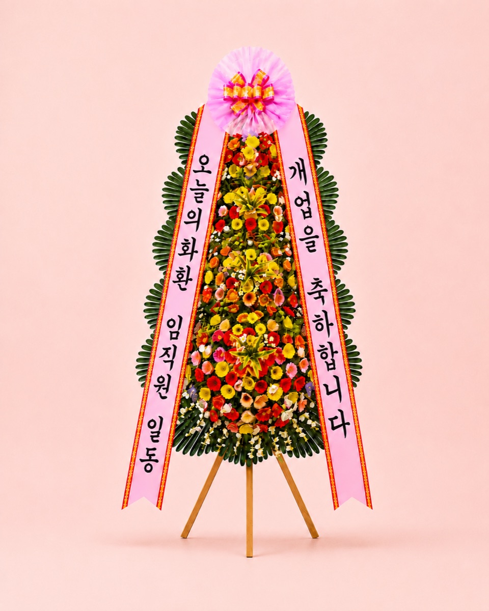 축하 4단 화환 성대 — 한 단 높은 4단 구성, 취임·수상·행사용, 리본 문구 무료