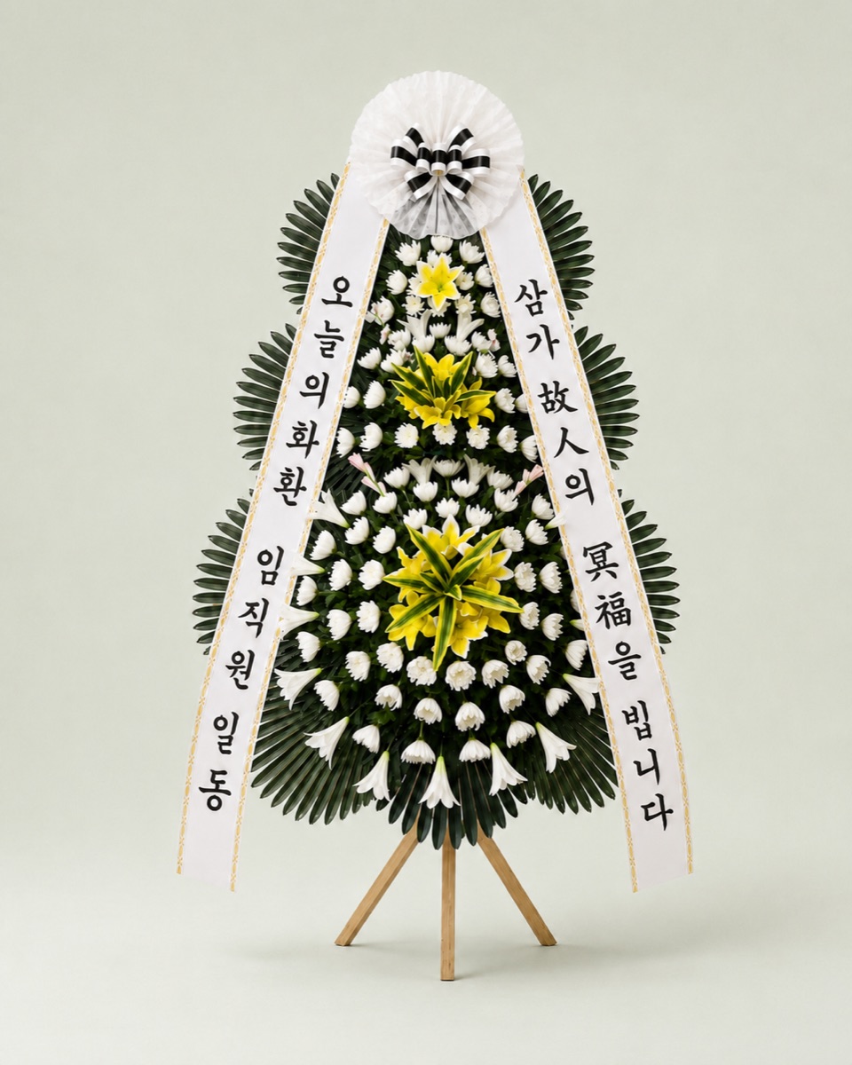 근조 3단 화환 차분 — 흰 국화와 백합, 리본 문구 무료
