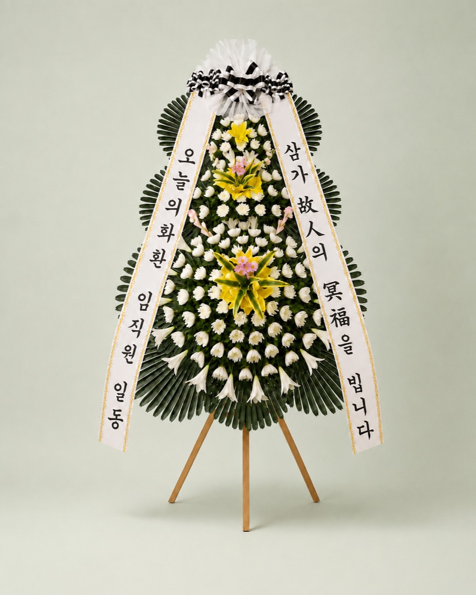 근조 3단 화환 정중 — 흰 국화를 촘촘히 올린 고급 구성, 리본 문구 무료